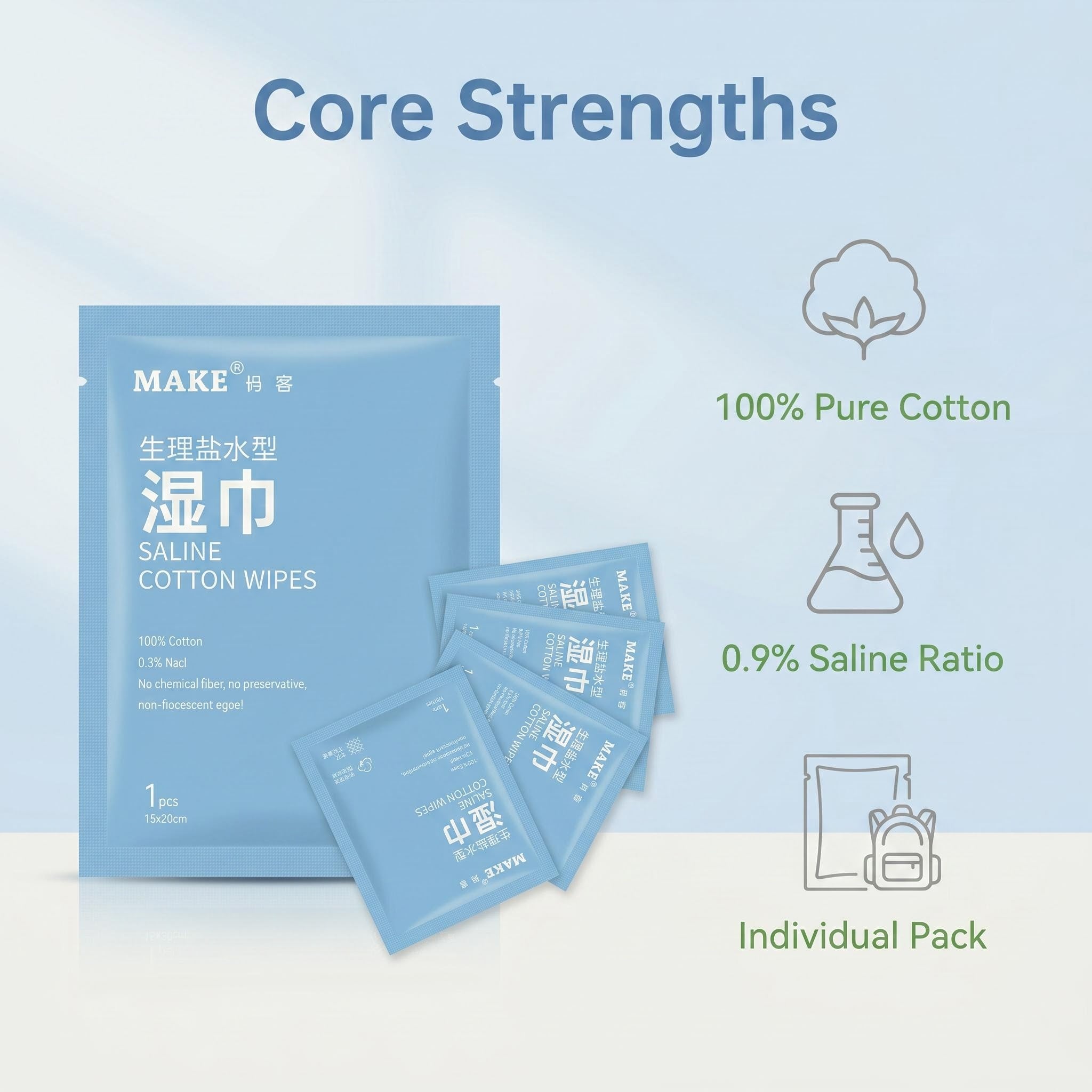 Individually Wrapped 0.9% Saline Pure Cotton Wipes